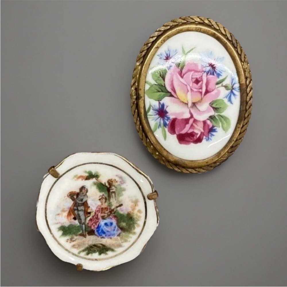 2-French Vintage Limoges Floral and Pastoral Scene Brooch Set - Pink, Blue, Gold